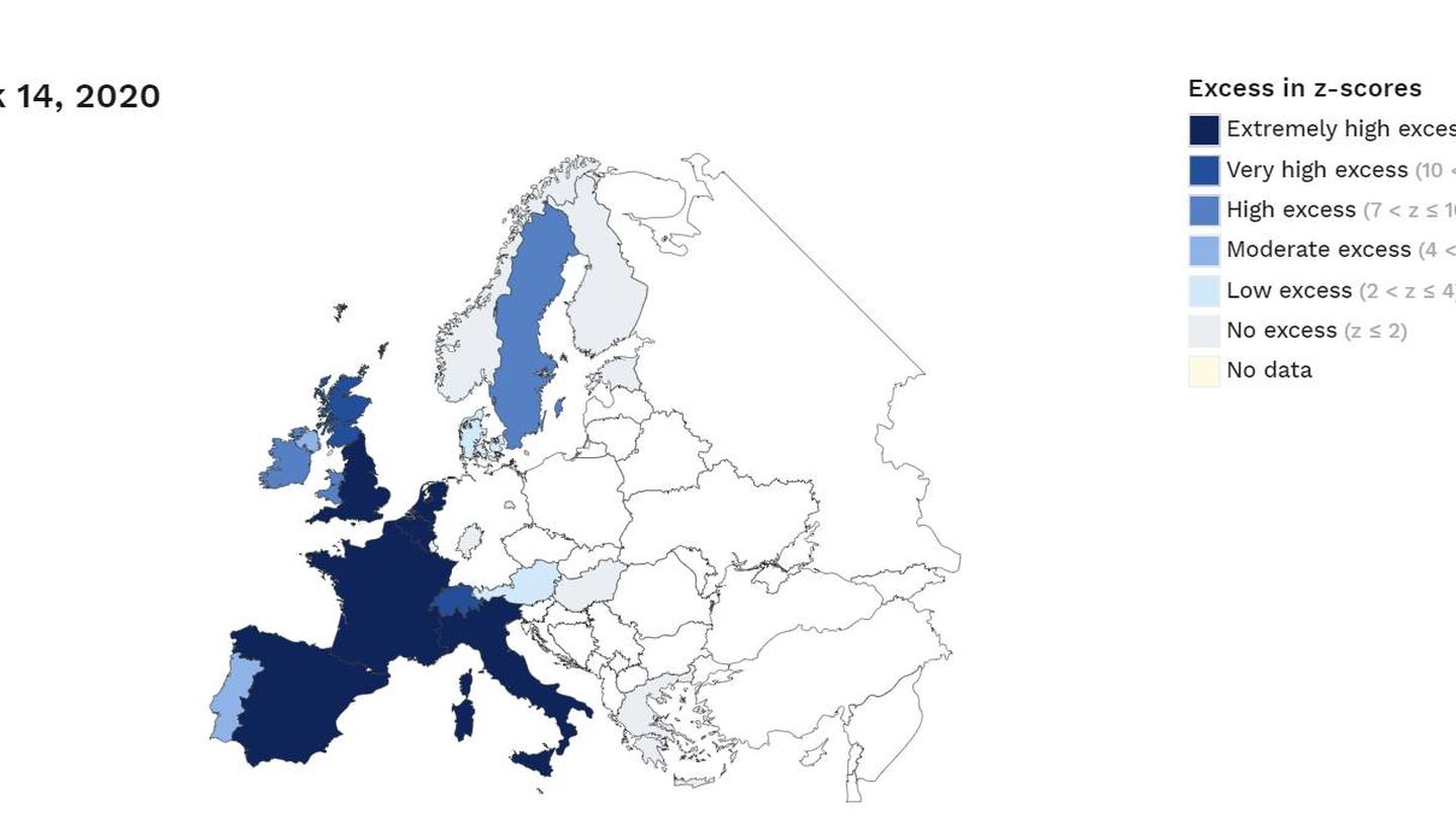 Mapa con el exceso de muertes en la semana 14 en Europa (Euromomo)