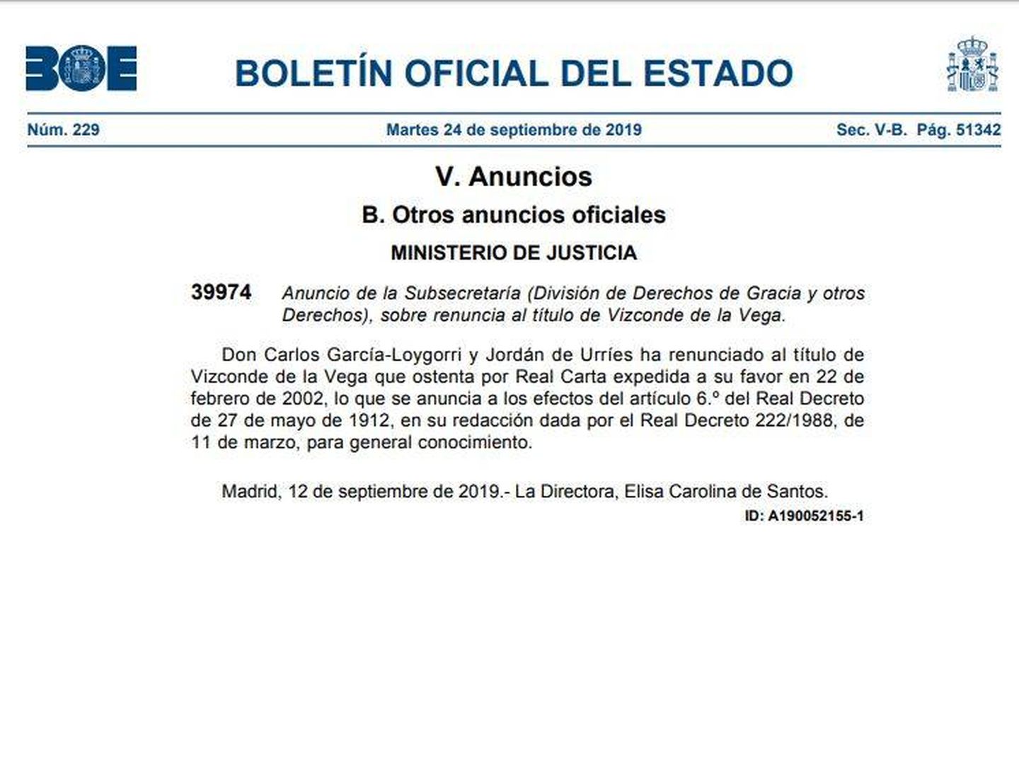 Texto del BOE donde se publica la renuncia al título de vizconde de La Vega. 