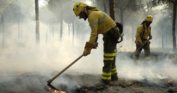 Foto: Labores de extinción en el incendio de Mazagón (EFE)