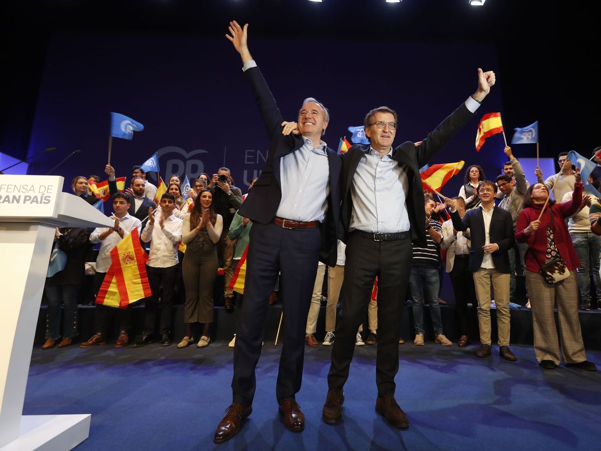 Foto: El presidente del PP, Alberto Núñez Feijóo, y el presidente del PP de Aragón, Jorge Azcón. (EFE/Javier Belver)