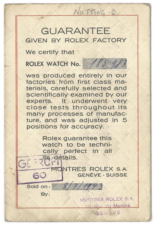 Certificado de garantía emitido por Rolex y enviado junto con el reloj al militar británico.
