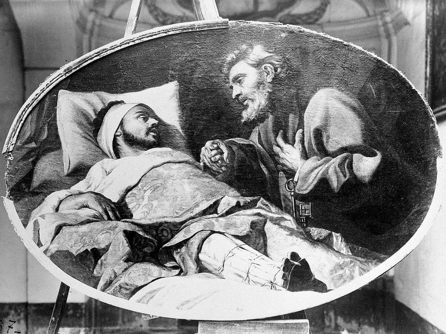 San Ignacio, convaleciente en la cama tras la operación de pierna, tiene una visión de San Pedro; obra de Antoine de Fauvrey expuesta en La Curia del Arzobispo, Malta. (C.C.)