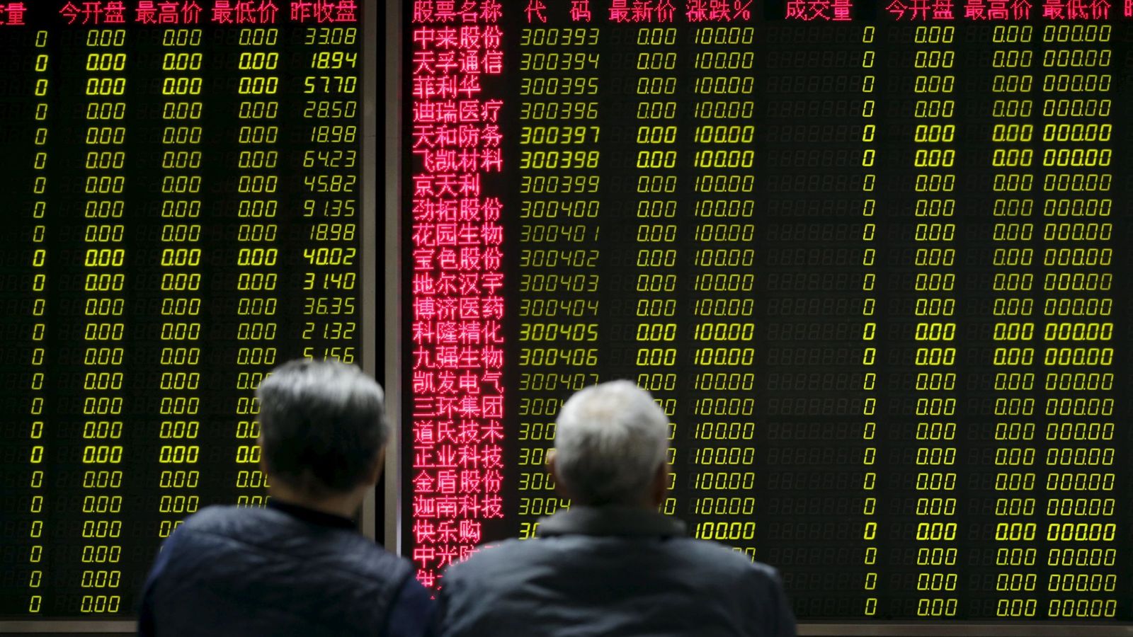 Foto: Dos inversores esperan la apertura del mercado delante de una pantalla con información bursátil en Pekín. (Reuters)