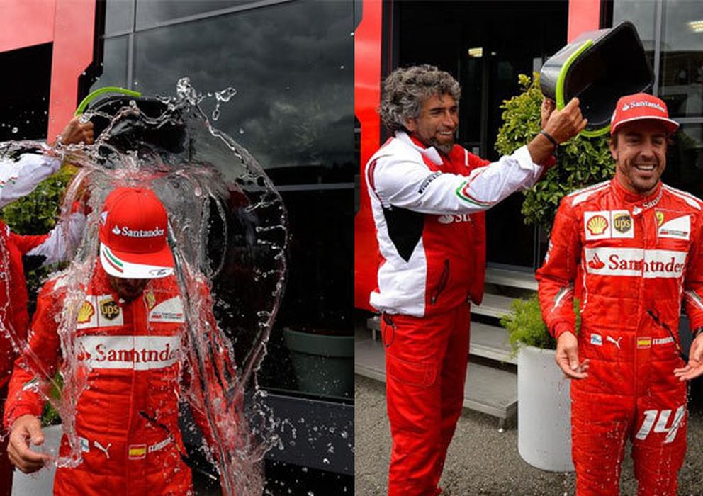 Foto: Fernando Alonso, en pleno icebucketchallenge por la ELA, debe esperar a la 'lotería' del agua para pescar premio (Ferrari.com)