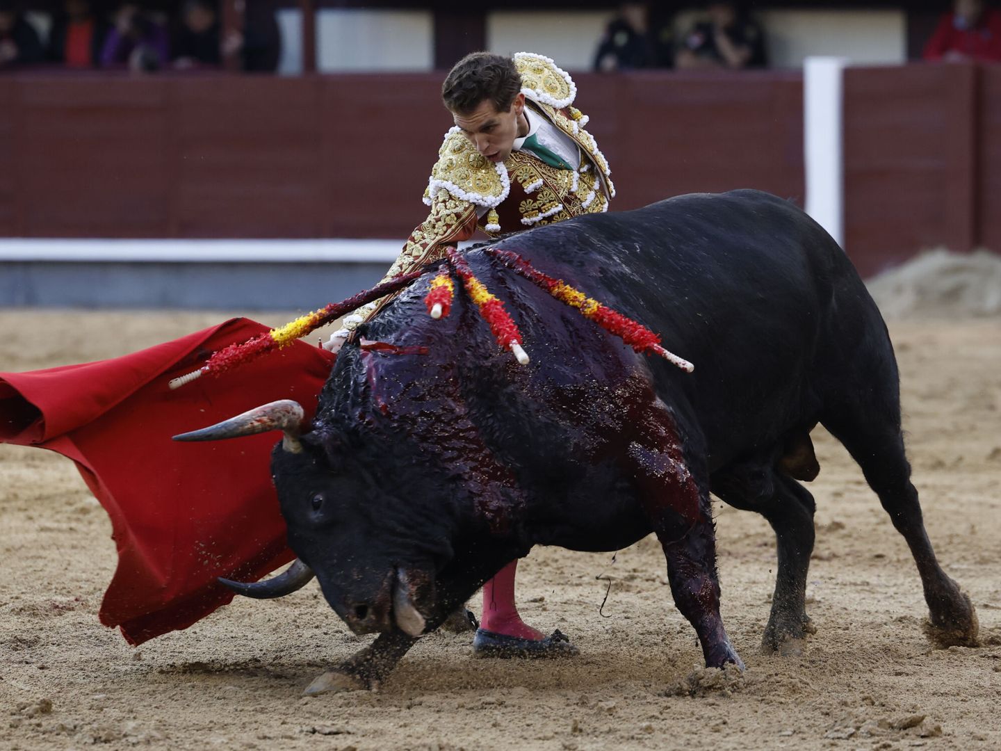 El diestro Ginés Marín durante la faena a su segundo toro. (EFE/Juanjo Martín) 