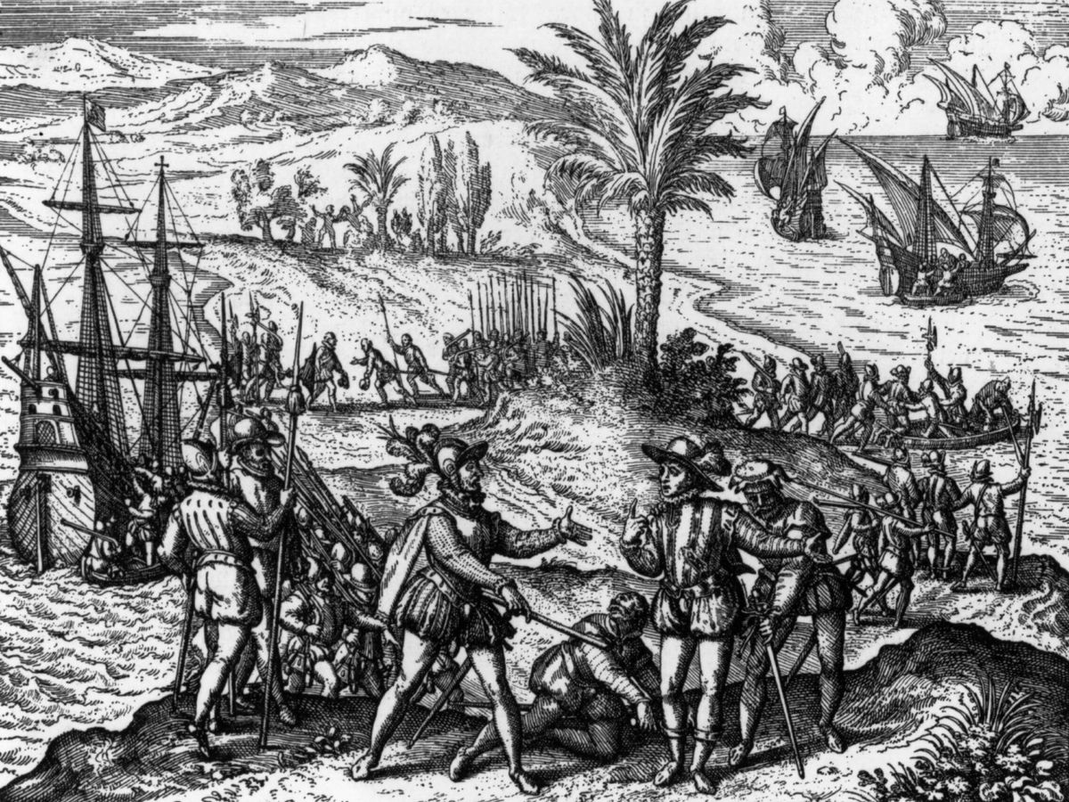 Foto: Un grabado de alrededor de 1500 que muestra la detención de Cristobal Colón en La Hispaniola.  ' (Getty Images)