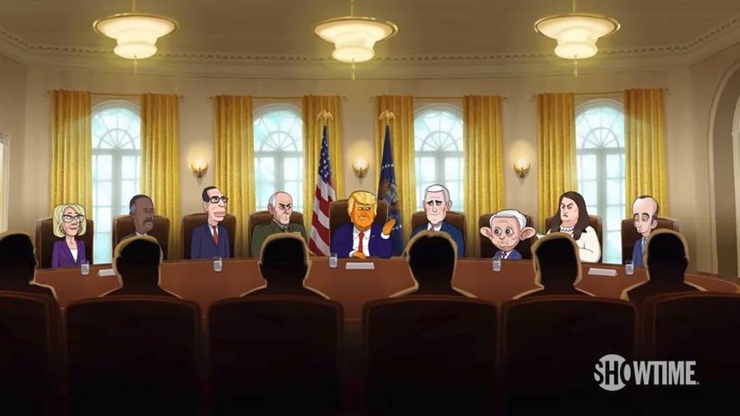 Trump, junto a sus asesores en 'Our Cartoon President'. (Showtime)