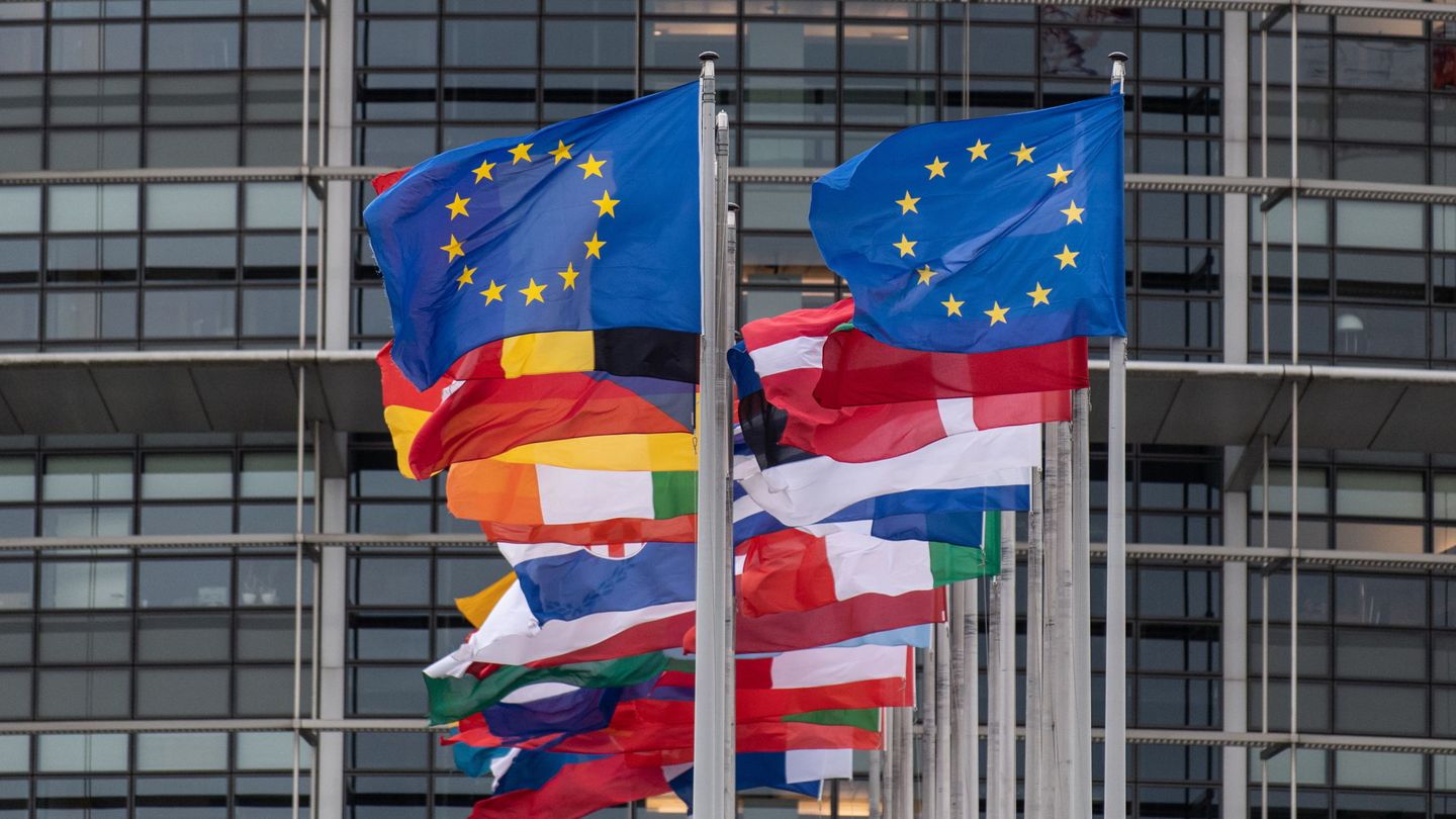 Banderas de todos los Estados miembros junto a las de la UE frente al Parlamento Europeo de Estrasburgo. (EFE)