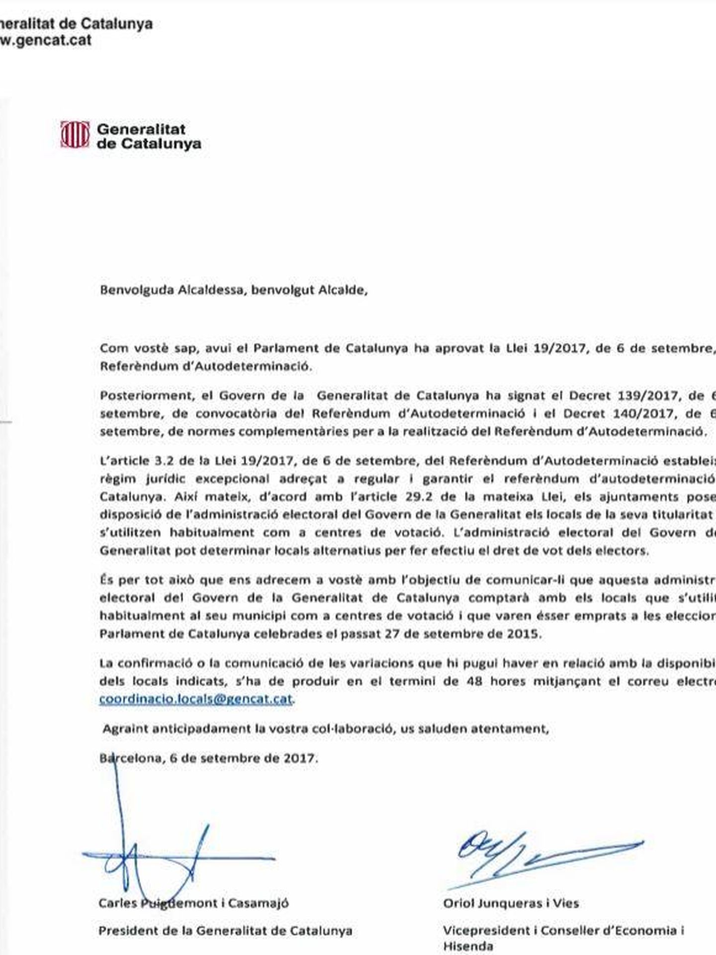 Carta de Puigedmont y Junqueras a los alcaldes catalanes