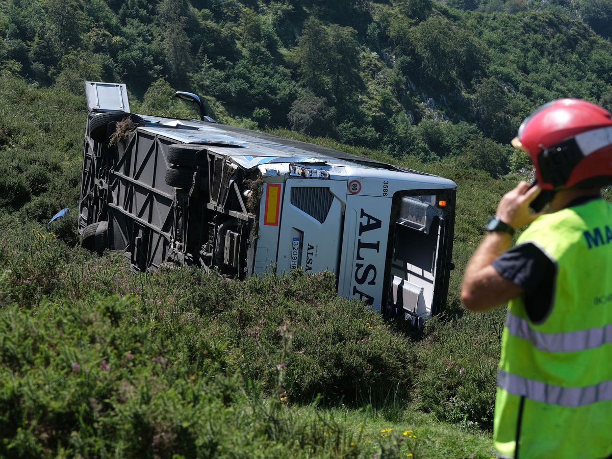 Foto: Estado en el que acabó el autobús accidentado en los Lagos de Covadonga. (EFE/Paco Paredes)