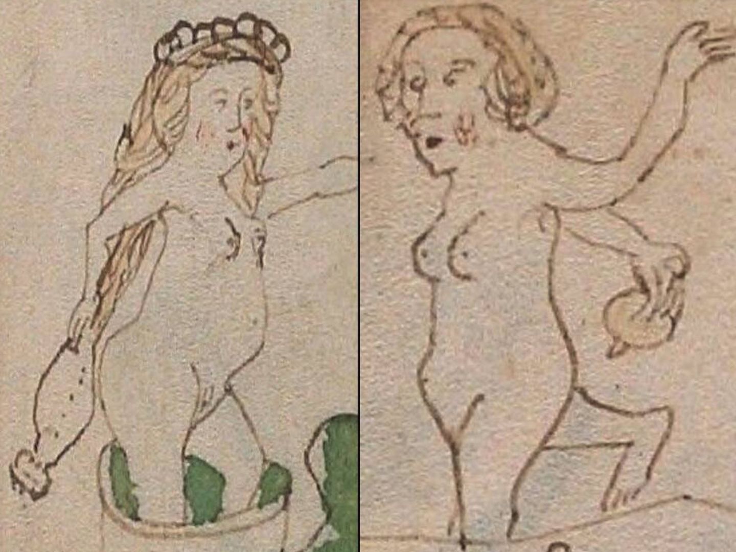 Las mujeres ilustradas en el manuscrito aparecen sosteniendo objetos no identificados hacia sus genitales. (Universidad de Yale)