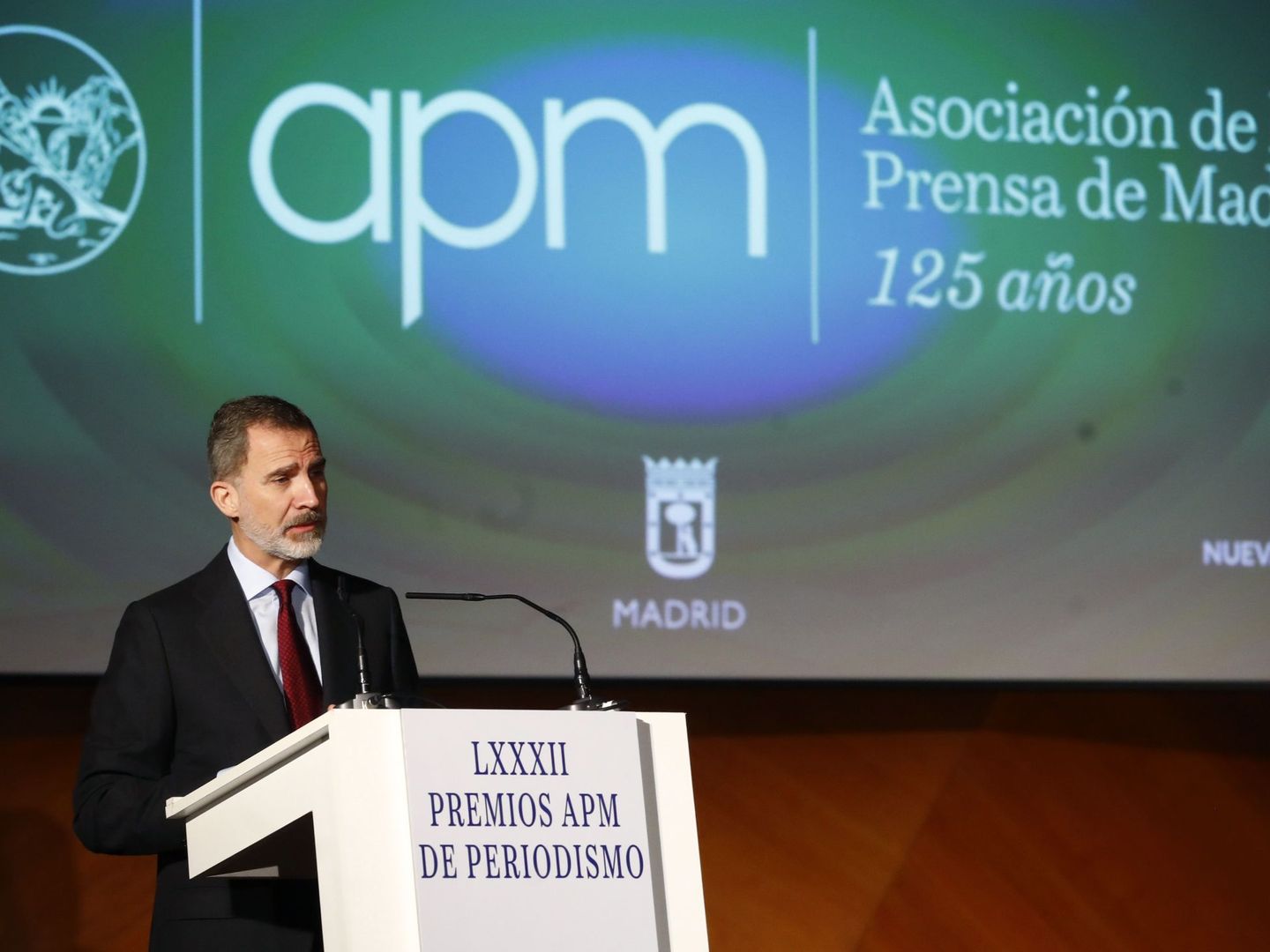 El rey Felipe VI ofrece un discurso durante la entrega de premios de la Asociación de la Prensa de Madrid, este martes. (EFE)