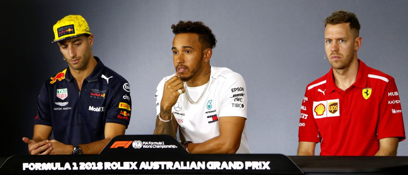 Ricciardo, Hamilton y Vettel en la rueda de prensa de este jueves en Melbourne. (Reuters)