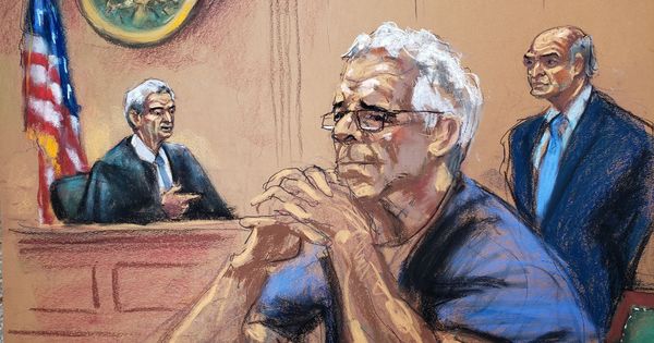 Foto: Dibujo de Jeffrey Epstein durante el juicio por tráfico sexual. (Reuters)