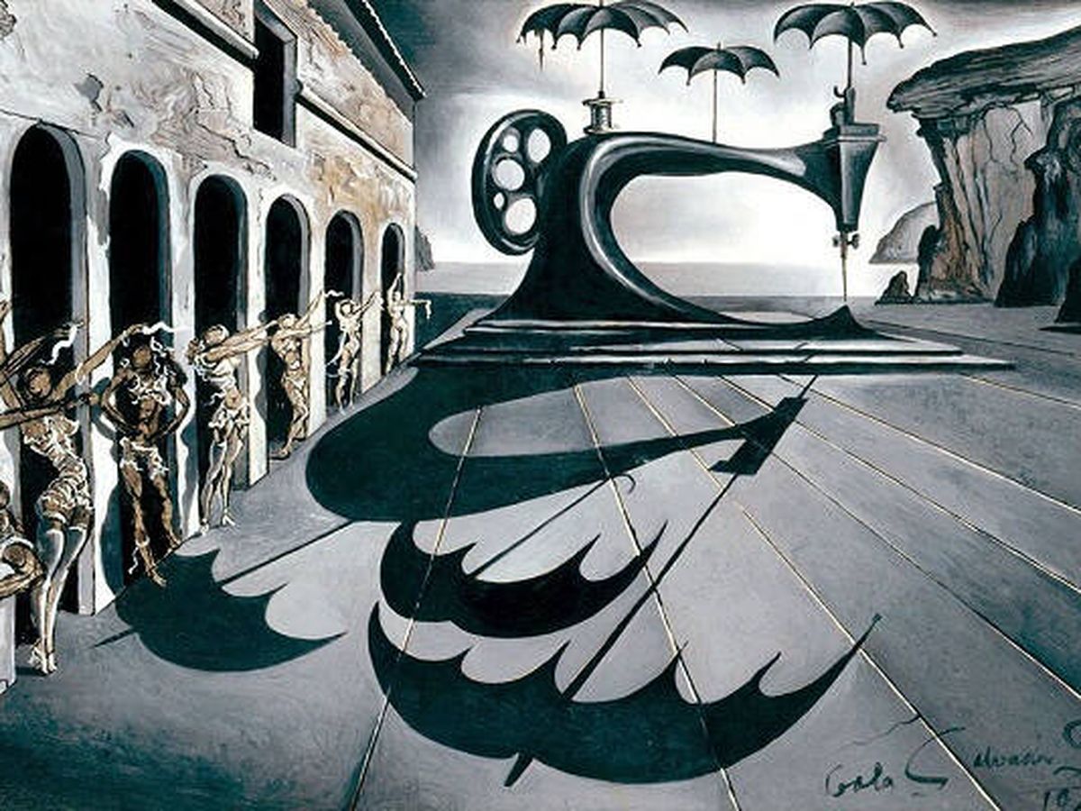 Foto: 'Máquina de coser con paraguas en un paisaje surrealista', por Dalí. 