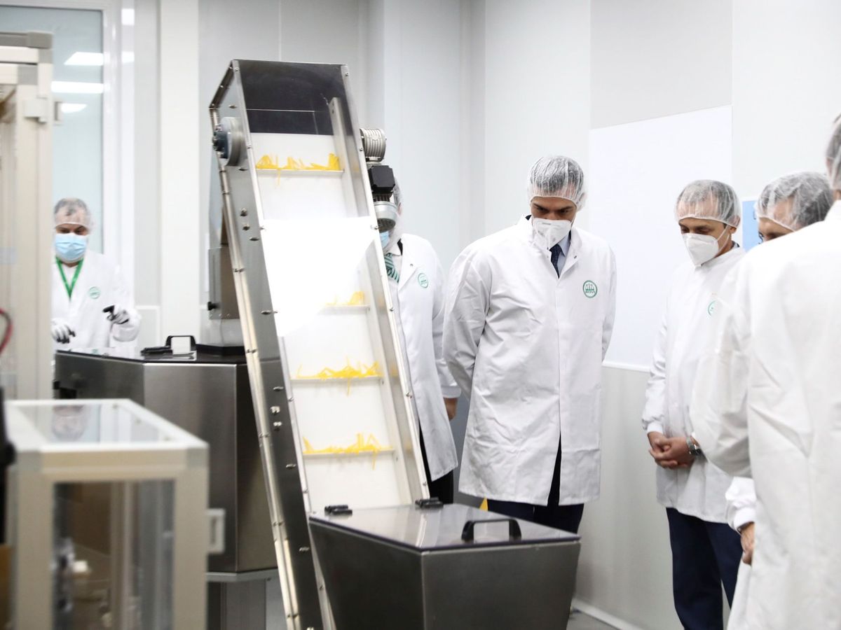 Foto: El presidente del Gobierno, Pedro Sánchez, durante una visita este jueves en San Sebastián de los Reyes a un laboratorio farmacéutico que fabricará una de las vacunas contra el covid-19. (EFE)