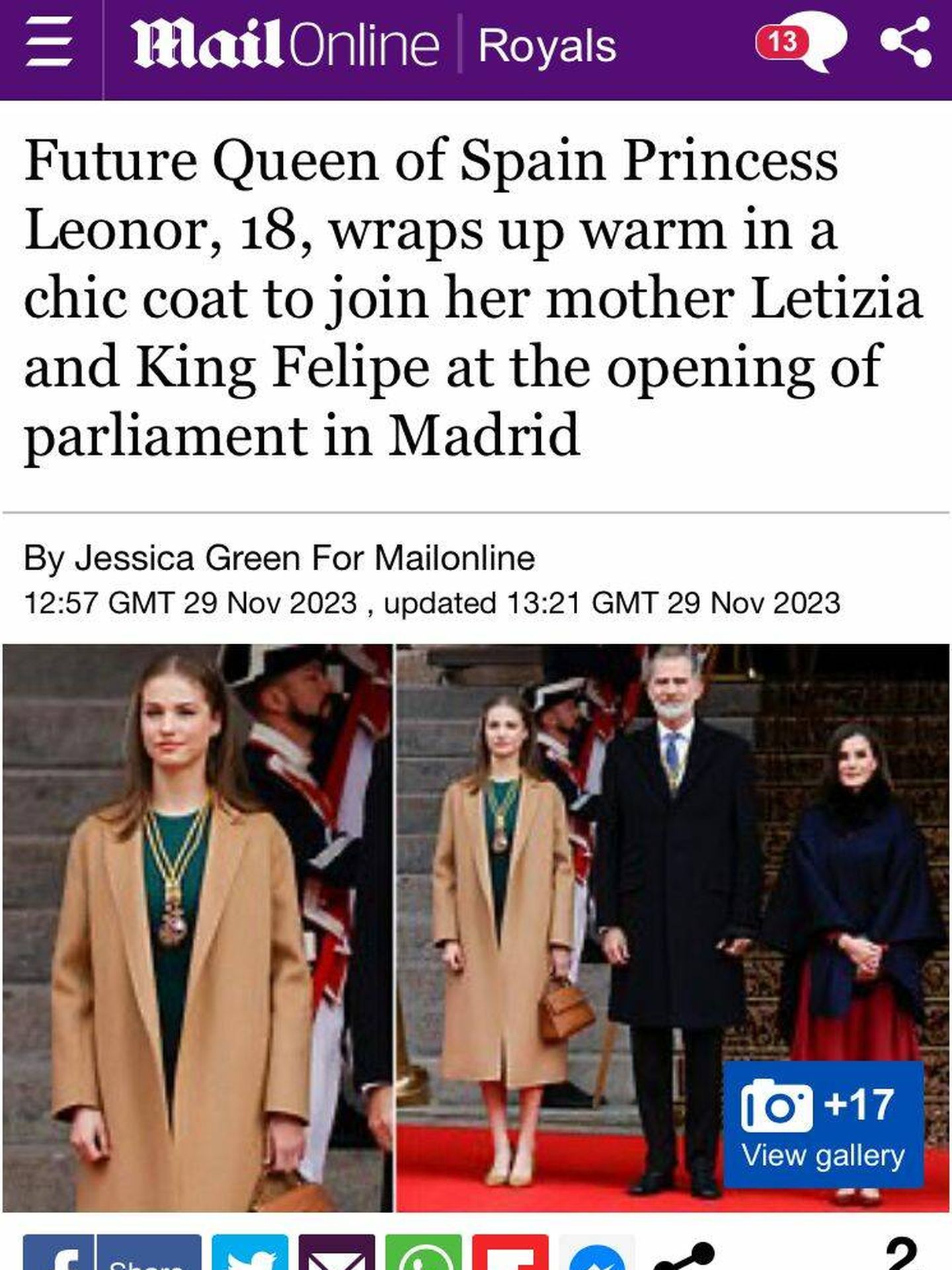 Noticia del 'Daily Mail' dedicada al look de la princesa Leonor. (Captura de pantalla)