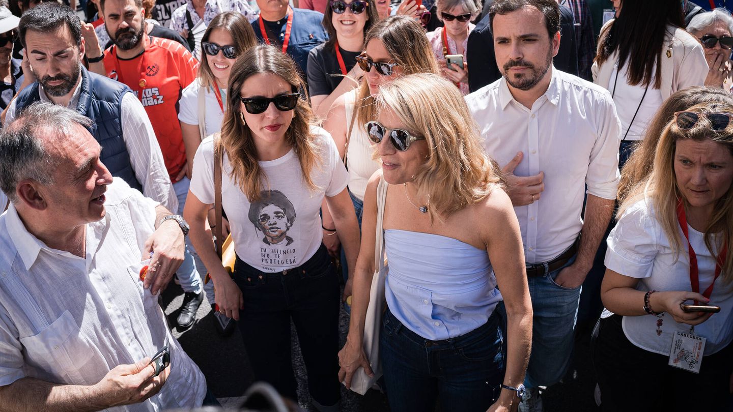 Irene Montero, Yolanda Díaz y Alberto Garzón en la manifestación por el Día Internacional de los Trabajadores en Madrid, el pasado 1 de mayo. (Europa Press/Diego Radamés)