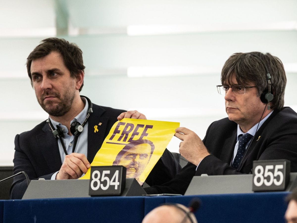 Foto: Toni Comín y Carles Puigdemont sostienen una imagen de Junqueras en el PE. (EFE)