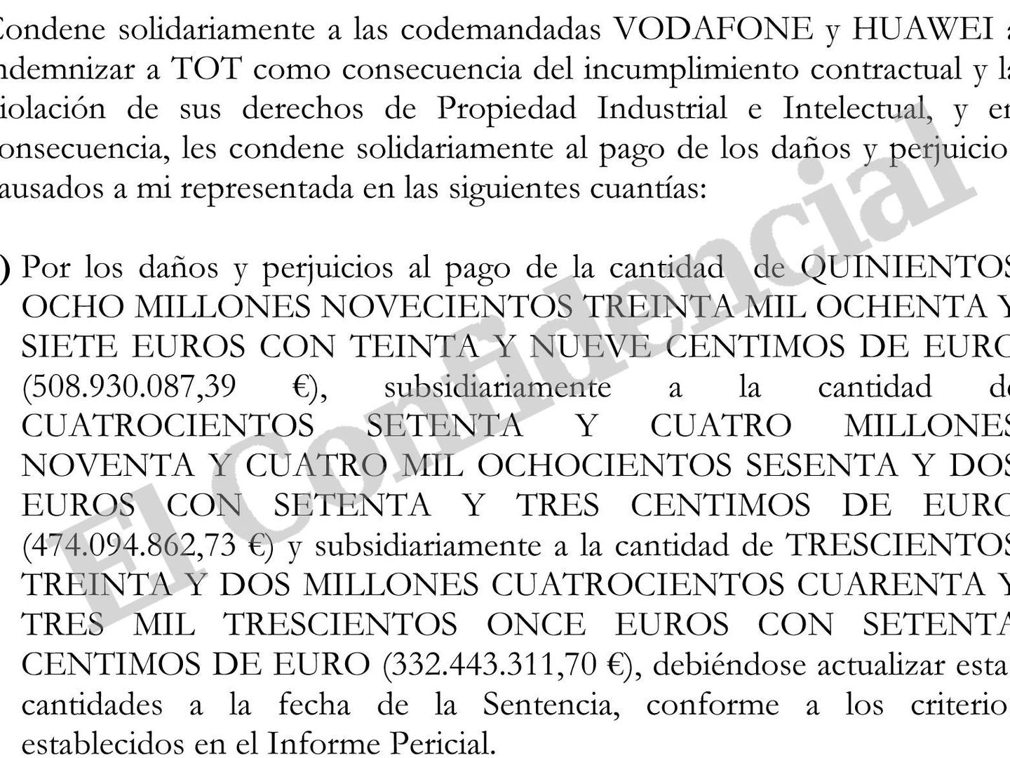 Extracto de la demanda que TOT ha interpuesto contra Vodafone y Huawei.