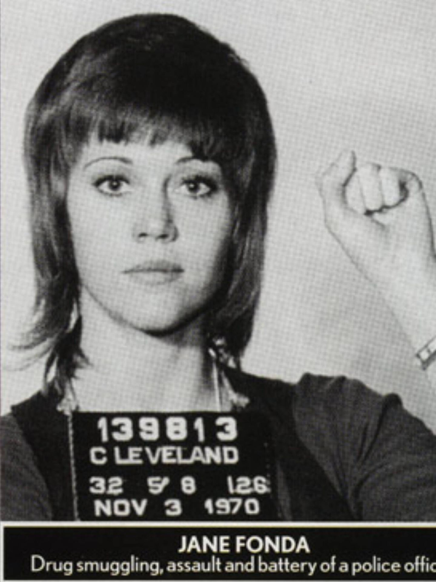 Jane Fonda, hace más de 50 años en su foto de su ficha policial. (Cortesía)