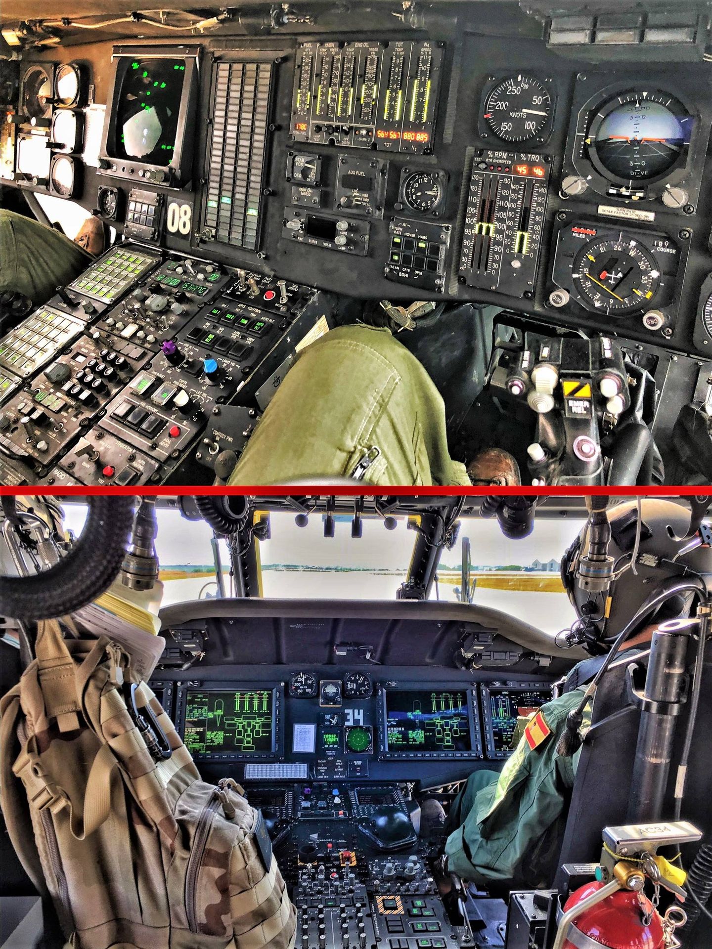 Diferencias notorias. Arriba cabina analógica de un SH-60B español. Abajo el glass cocpit de un MH-60R de la US Navy (Fotos Armada)