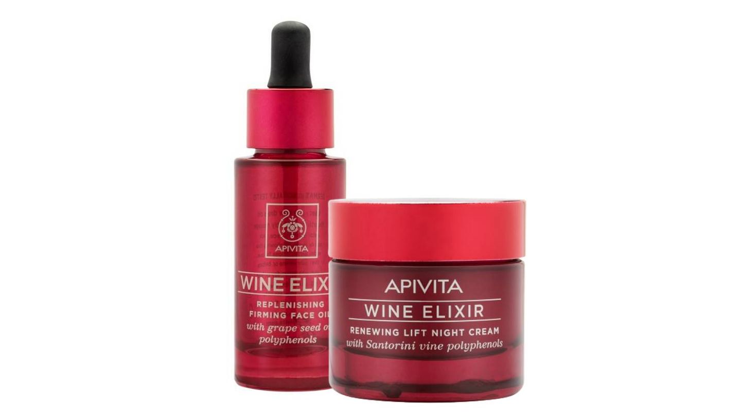 Aceite y crema de noche de la línea Wine Elixir de Apivita. 