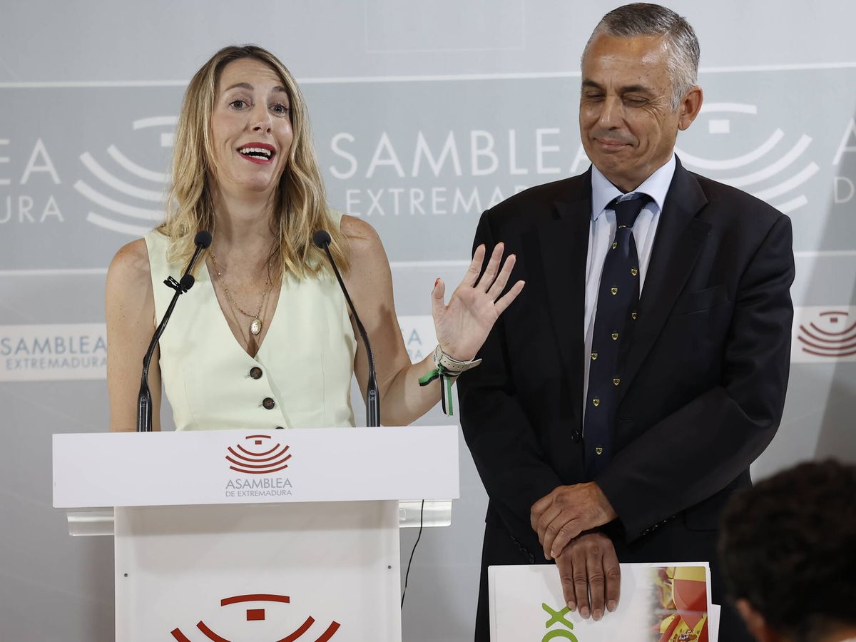 Foto: La presidenta del PP de Extremadura, María Guardiola, y el portavoz de Vox en la Asamblea de Extremadura, Ángel Pelayo Gordillo. (Europa Press/Jorge Armestar)