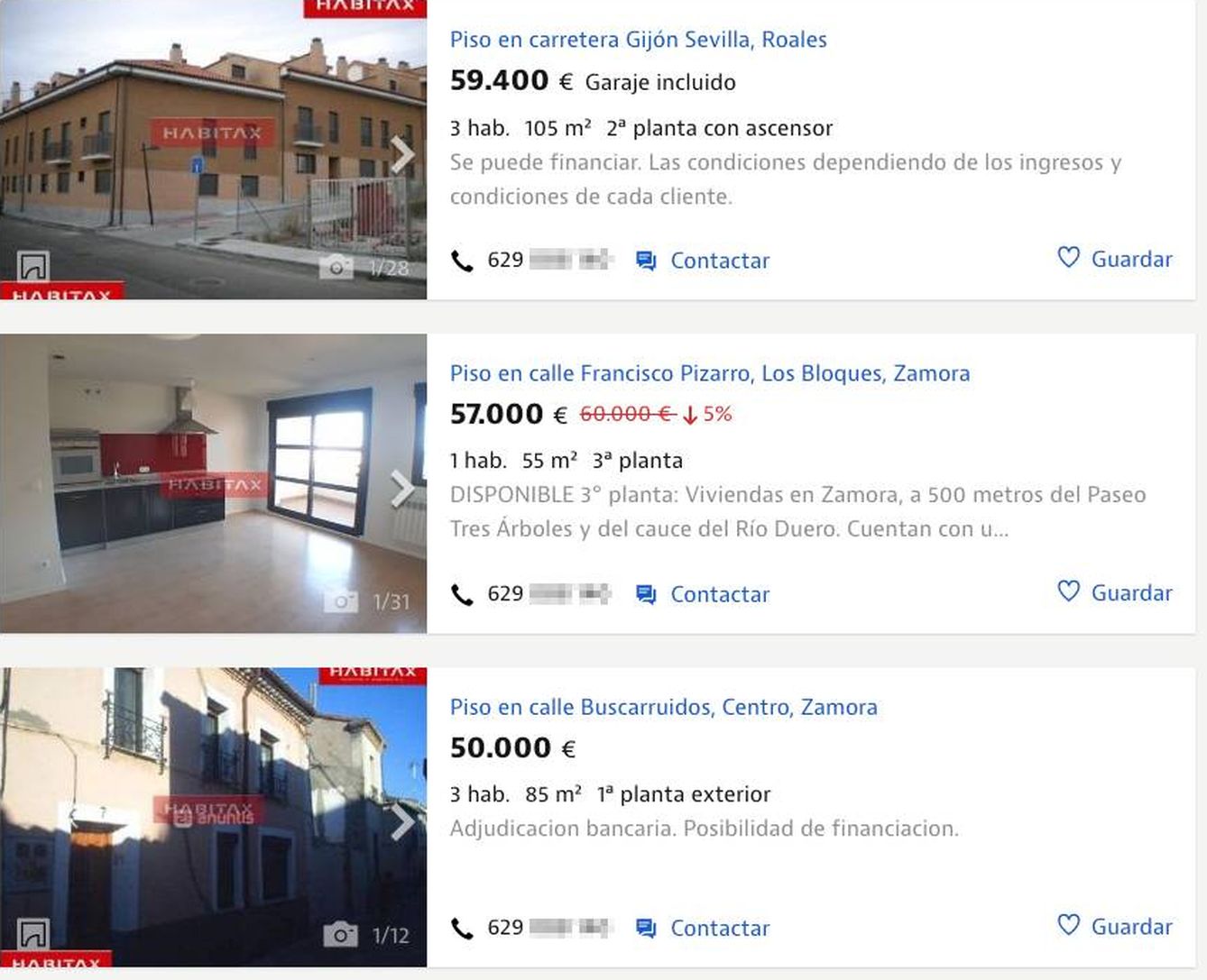 Tres ejemplos de pisos en venta en Zamora capital. (Idealista)