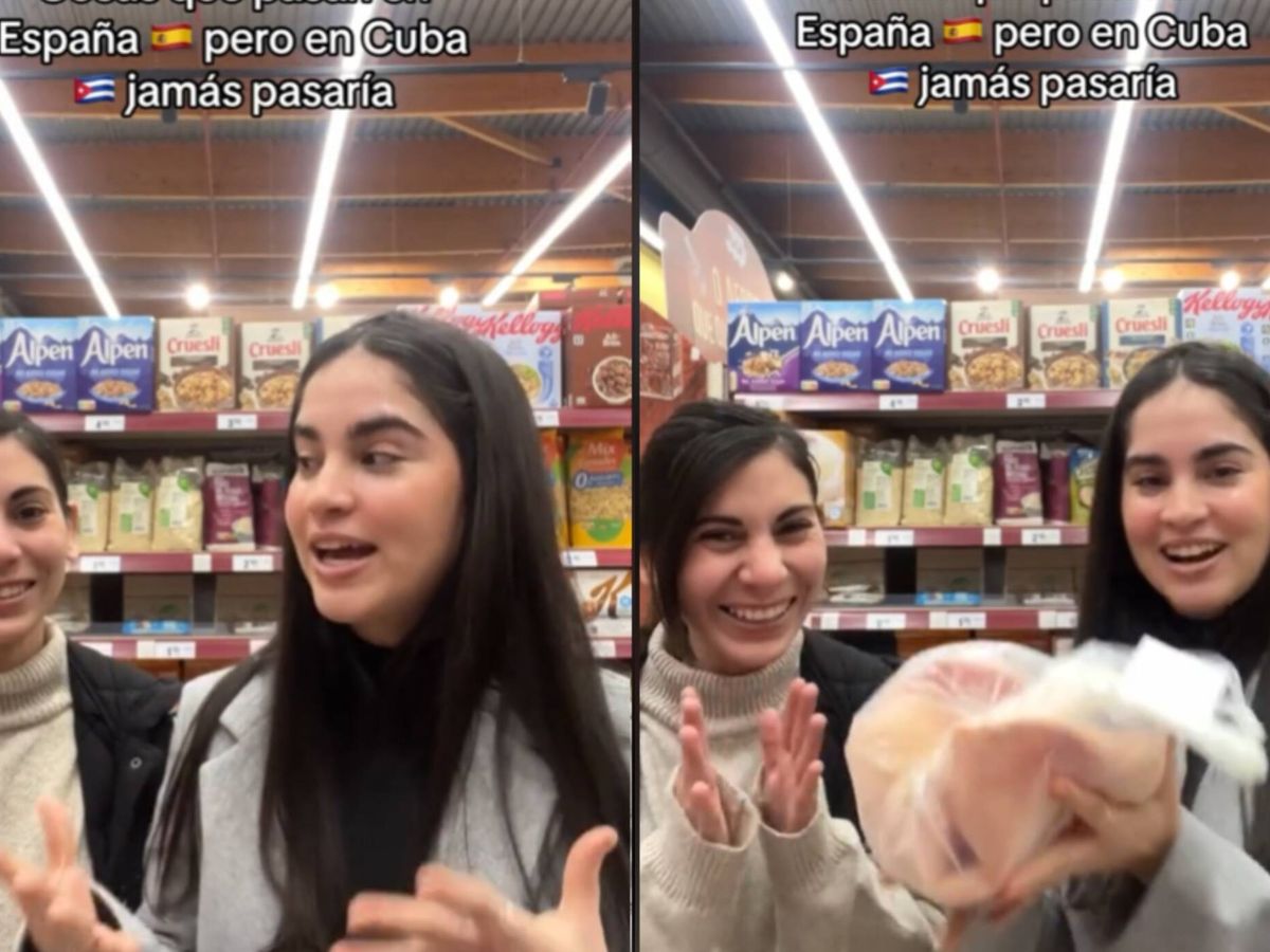 Foto: Dos jóvenes cubanas se sorprenden al comprobar que esto es gratis en un supermercado en Galicia. (TikTok/@anita.mateu)