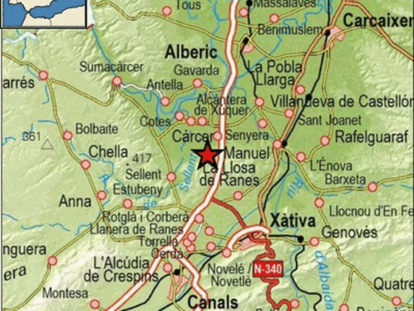 Epicentro del terremoto en las proximidades de L' Ènova. (IGN)