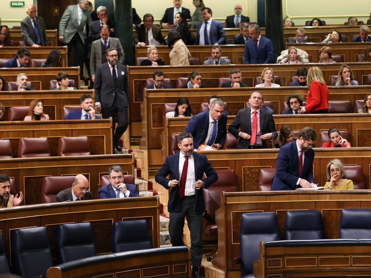 Foto: El líder de Vox, Santiago Abascal, y el resto de diputados del partido abandonan el Congreso durante el pleno en que se aprobará la eliminación del delito de sedición y cambios en el Poder Judicial (EFE/Kiko Huesca)