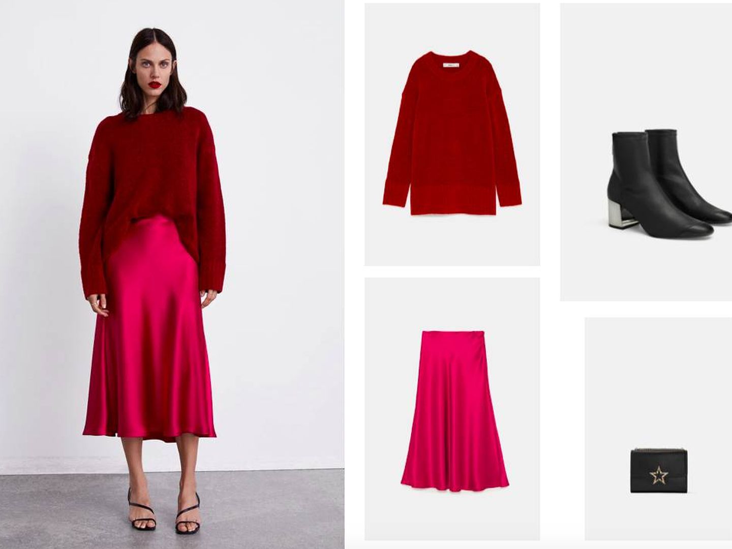 Jersey rojo (15,99 €), falda midi fluida (29,95 €), botines elásticos (29,95 €) y minibolso (39,95 €), todo de Zara.