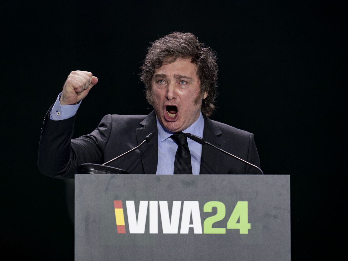 Foto: El presidente de Argentina, Javier Milei, durante el acto 'Viva 24' de Vox. (Europa Press/Pérez Meca)