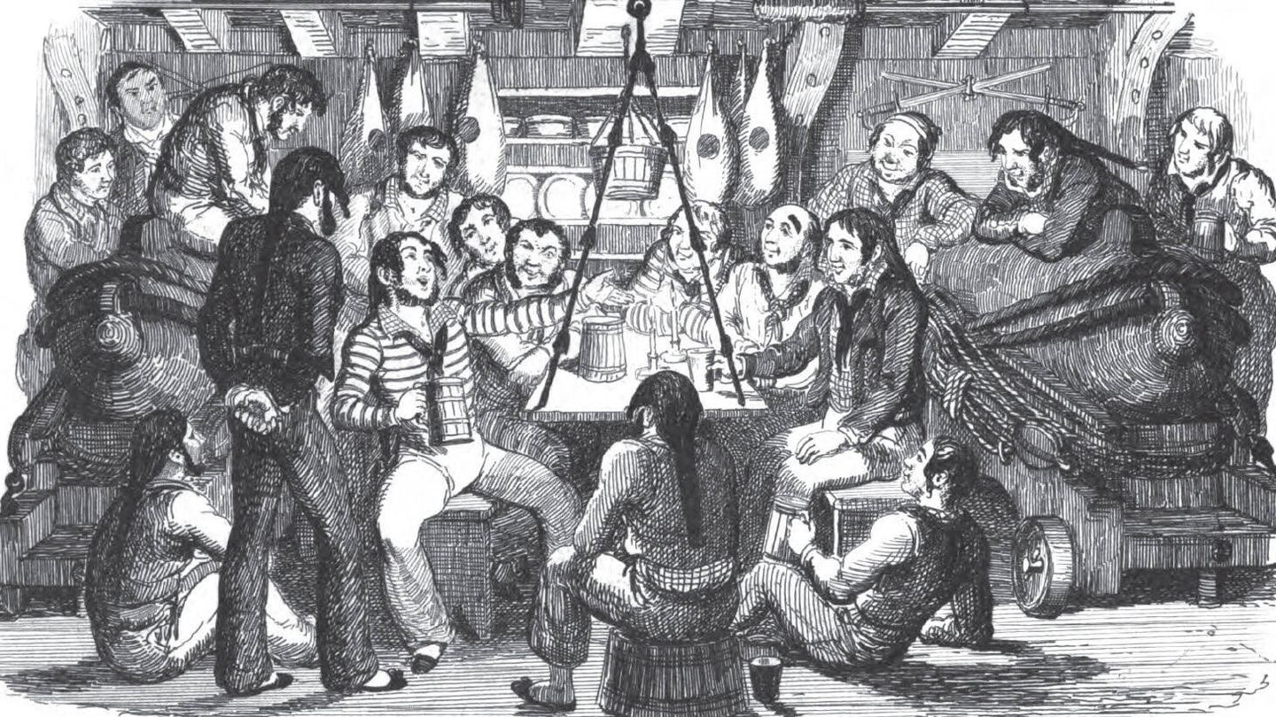 Grabado George Cruikshank, retratando marineros cantando por la noche en el siglo XIX. 