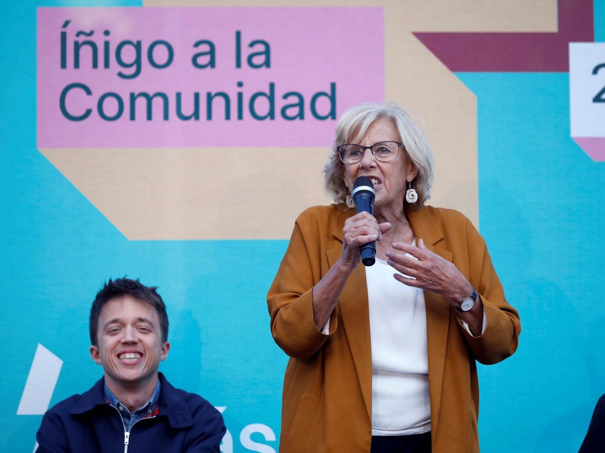 Foto: La exalcaldesa Manuela Carmena e Íñigo Errejón durante el acto de cierre de campaña de Más País en las pasadas elecciones municipales y autonómicas. (EFE)