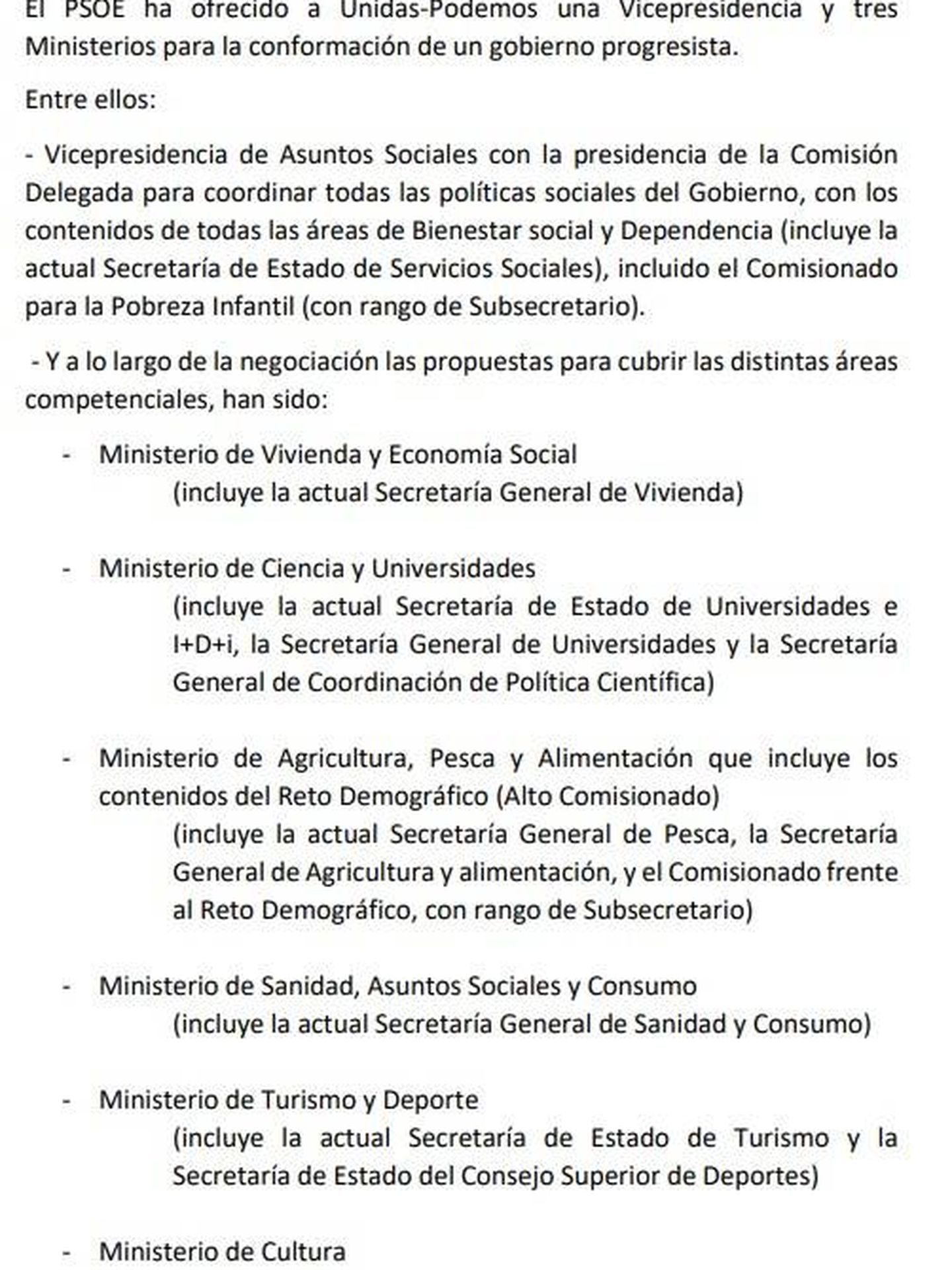 Consulte aquí en PDF las ofertas de reparto de ministerios del PSOE a Unidas Podemos, según Ferraz. 