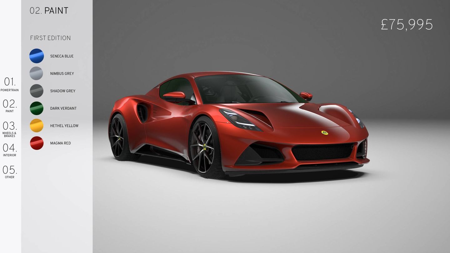 El configurador de la web de Lotus ya permite realizar pedidos y personalizar el coche, disponible por ahora en seis colores.