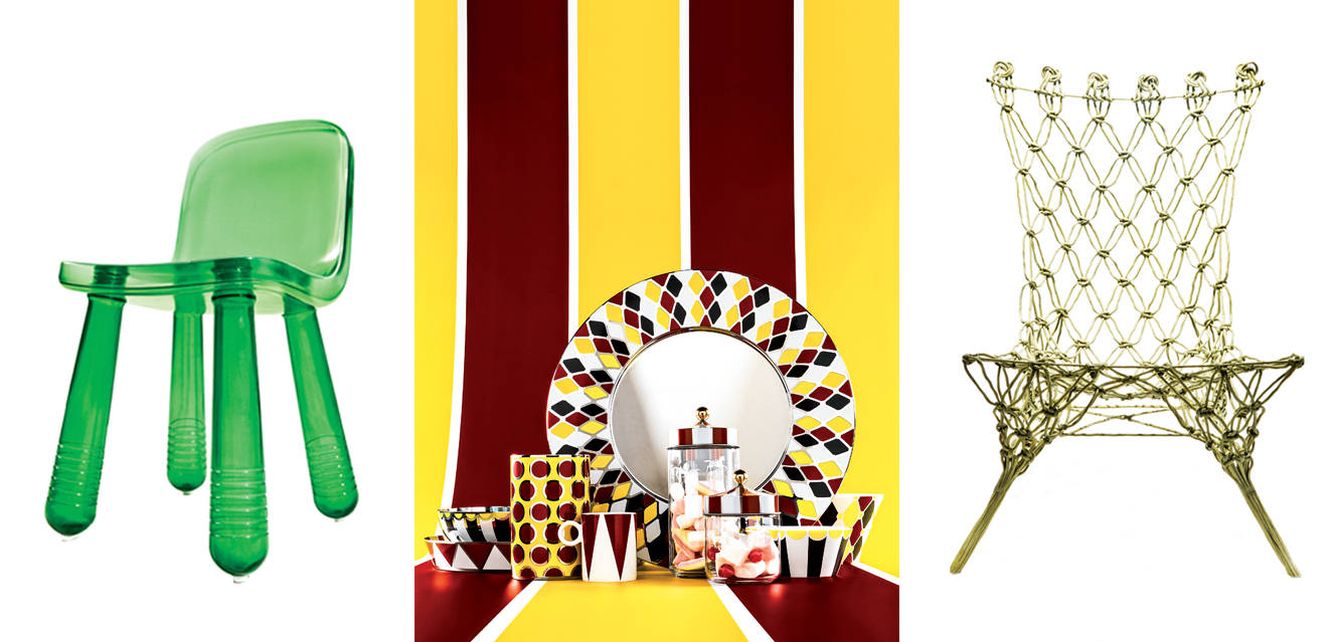 De izquierda a derecha: silla de plástico soplado Sparkling, para Magis; Vajilla Circus, para Alessi; y Silla de macramé Knotted, para Cappellini. 