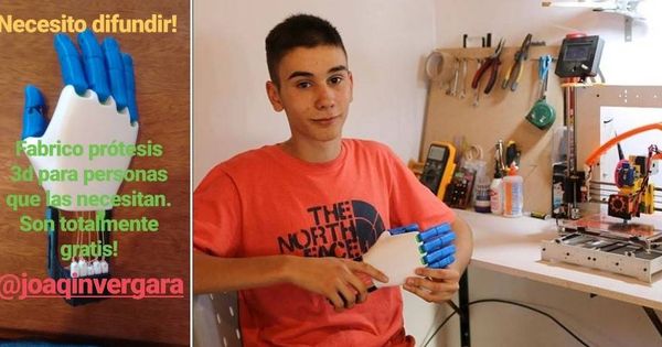 Foto: El joven argentino fabrica prótesis de mano con su impresora 3D para donarlas a quien las necesite (@joaqinvegara)