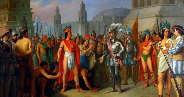 Foto: Representación idealizada del encuentro de Hernán Cortés con Moztezuma
