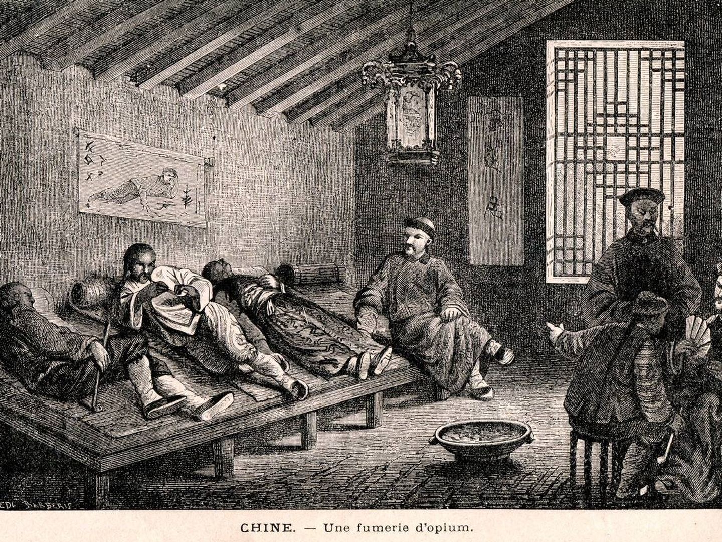 Ilustración de un fumadero de opio en Pekín, siglo XIX.
