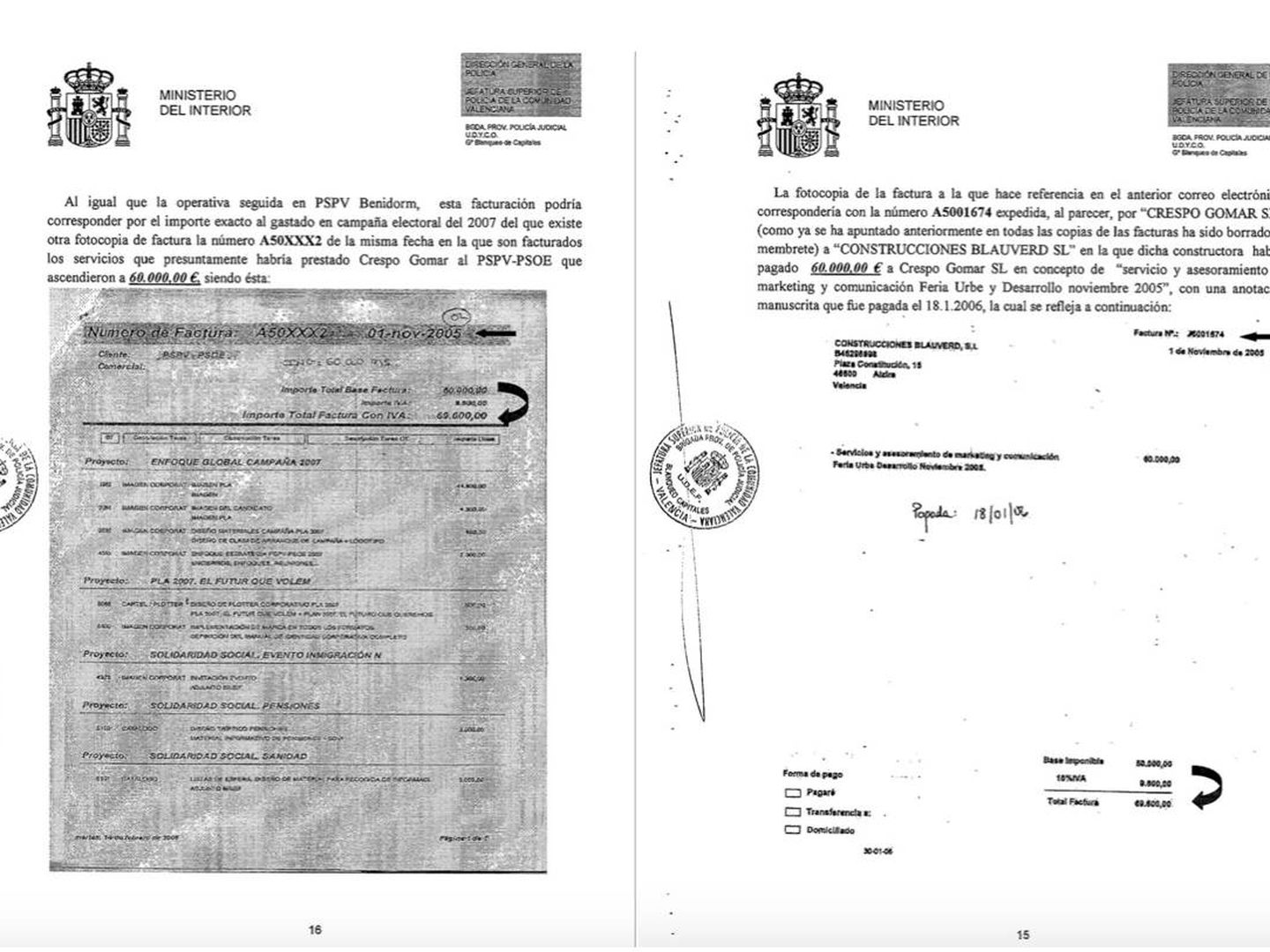 Ejemplo de doble facturación de Crespo Gomar, con la constructora Blauverd y relación de actos del PSPV-PSOE por el mismo importe. 