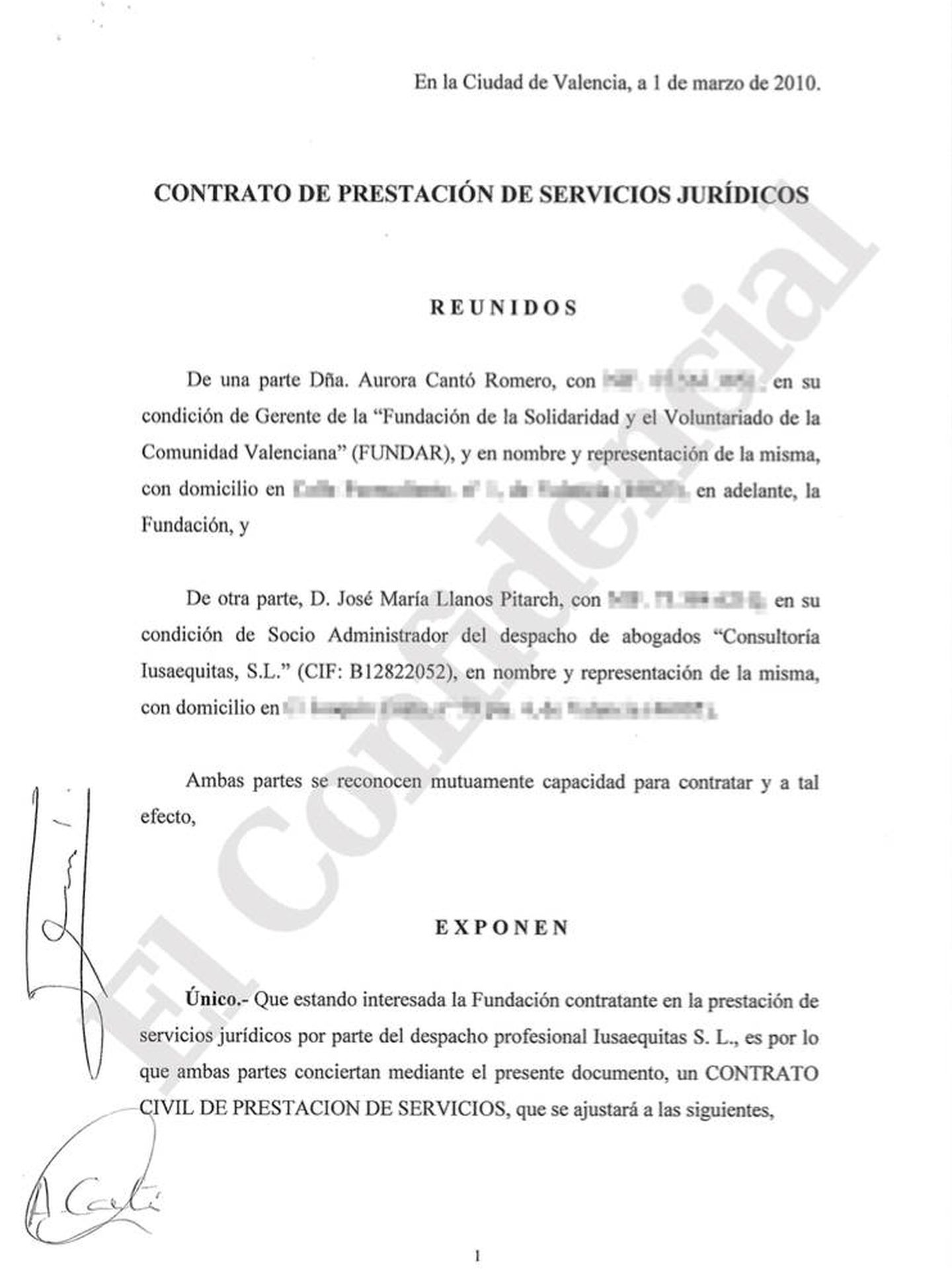 Pinche aquí para consultar el contrato de 'duración indefinida' suscrito por la gerente de Fundar y Llanos en representación de Iusaequitas. 