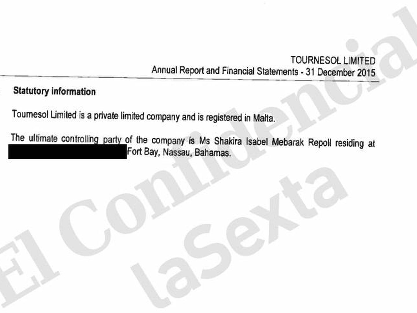 Documento del registro mercantil de Malta donde figura Shakira como propietaria de Tournesol Ltd.