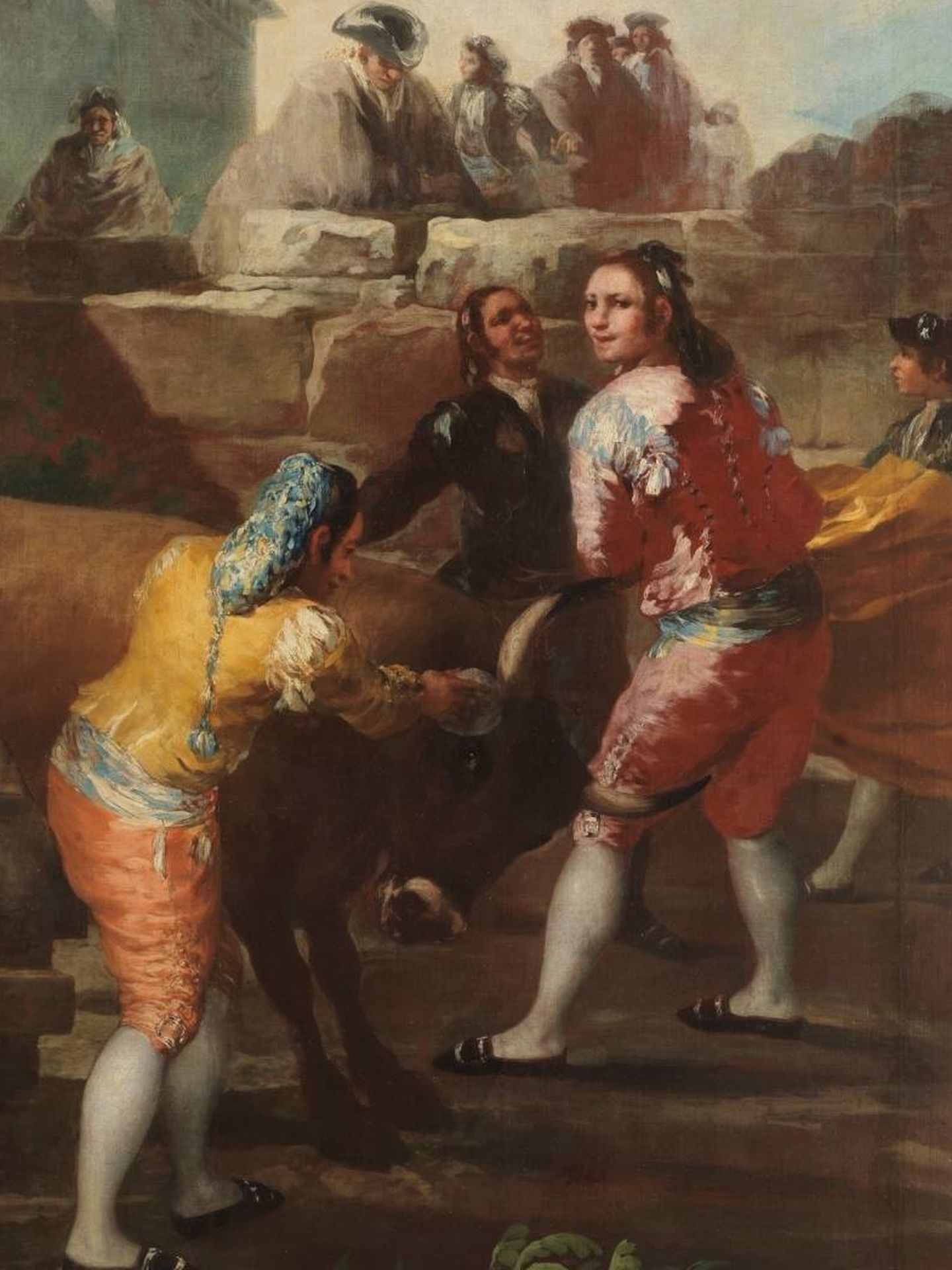 Francisco de Goya - 'La novillada'. Se ha querido ver como autorretrato de Goya al joven protagonista vestido de rojo que mira al espectador
