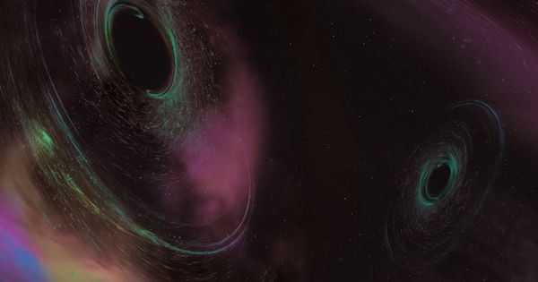 Foto: Ilustración artística de dos agujeros negros fundiéndose (Reuters)