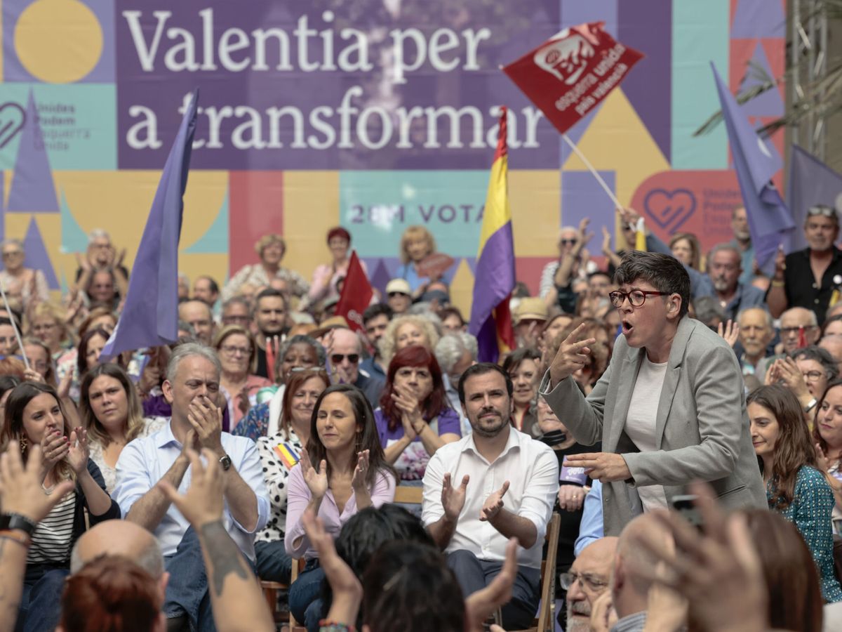 Foto: La candidata de Unides Podem a la alcaldía de Valencia, Pilar Lima, interviene en el mitin electoral celebrado en Valencia. (EFE/Ana Escobar)