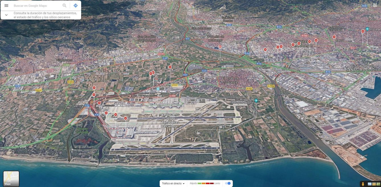 Estado de los accesos al aeropuerto Josep Tarradellas de El Prat. (Google Maps)