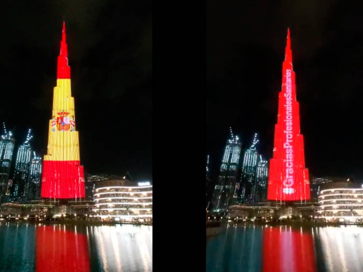 Foto: El Burj Khalifa, con la bandera de España y un mensaje de agradecimiento a los sanitarios (Foto: Twitter)